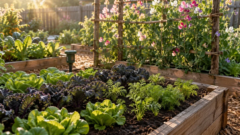 Lush vegetables and flowering plants growing in wooden raised garden beds illuminated by warm morning sunlight.