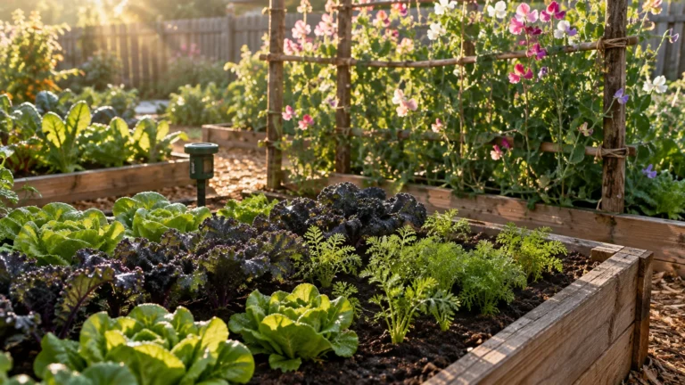 Lush vegetables and flowering plants growing in wooden raised garden beds illuminated by warm morning sunlight.