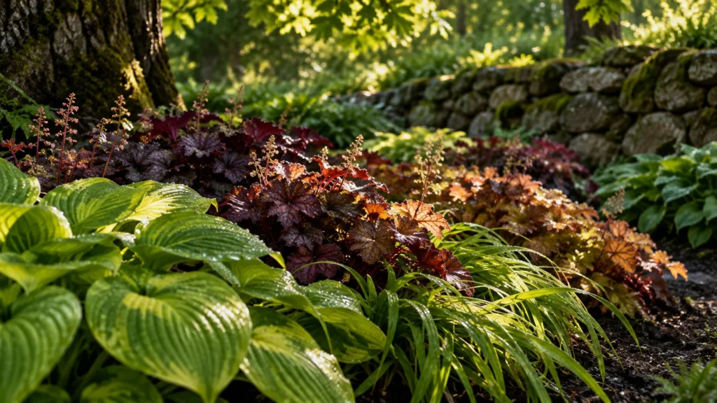 Hostas, dark purple coral bells, and ornamental grasses grow in a shaded garden bed near a mossy stone wall.
