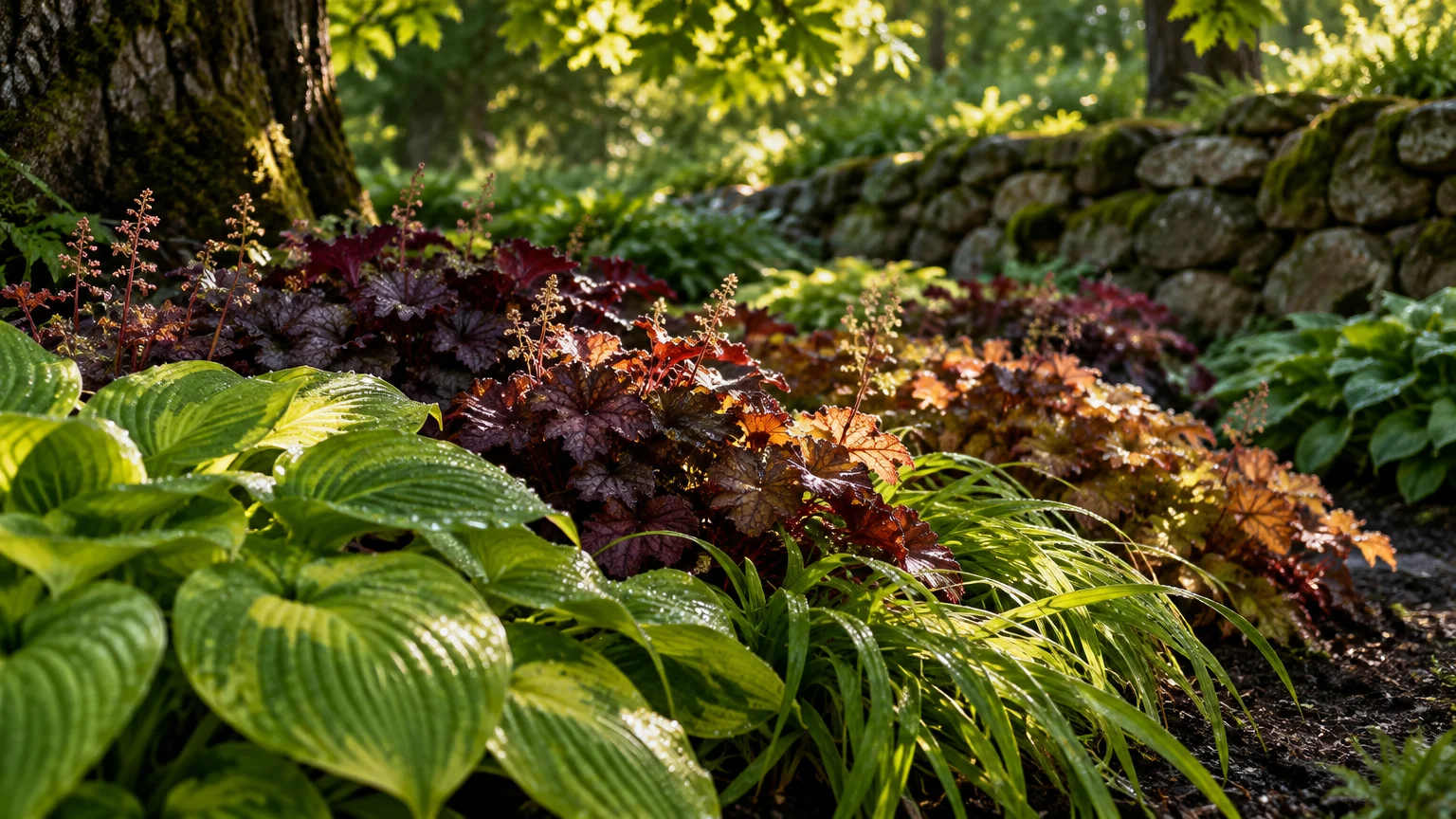 Hostas, dark purple coral bells, and ornamental grasses grow in a shaded garden bed near a mossy stone wall.