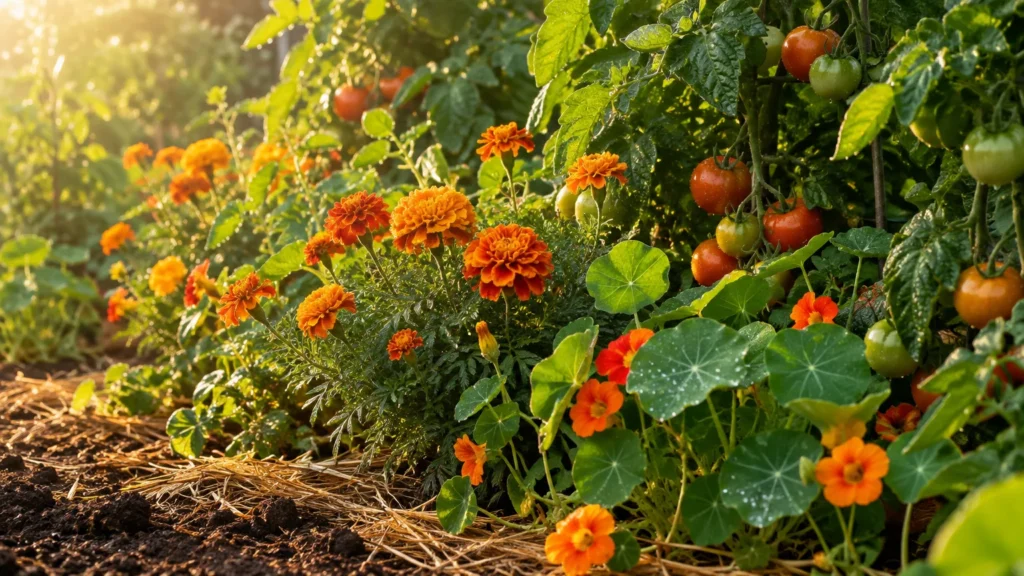 Orange marigolds and nasturtiums growing beside tomato plants loaded with ripening red and green fruit in a garden bed.