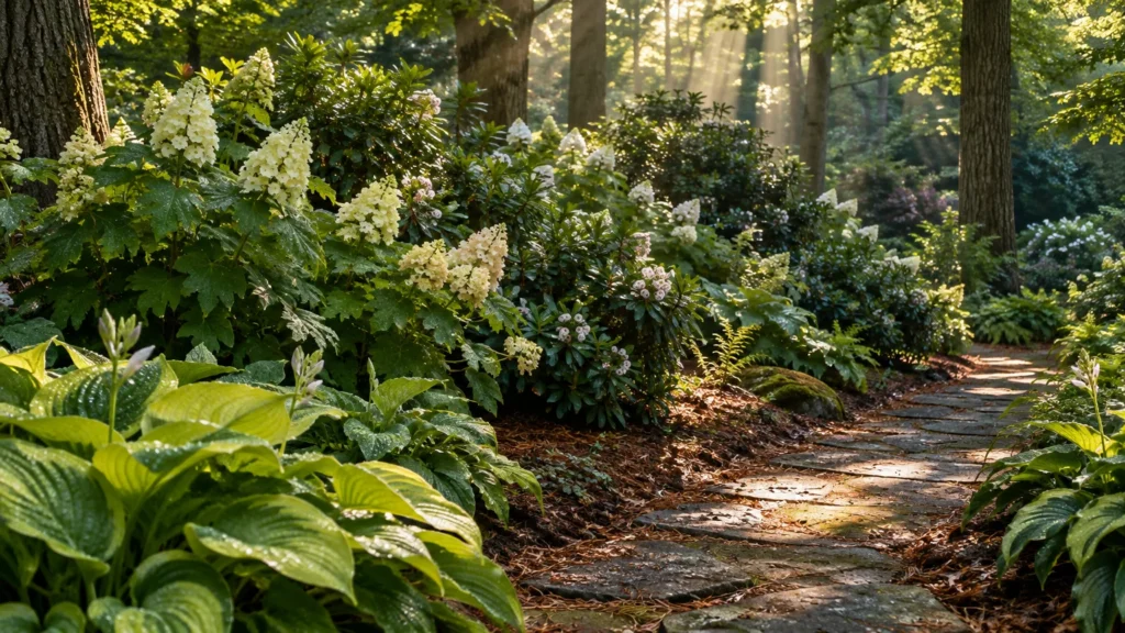 Stone pathway through a lush woodland garden with blooming white oakleaf hydrangeas and green hostas in dappled sunlight.