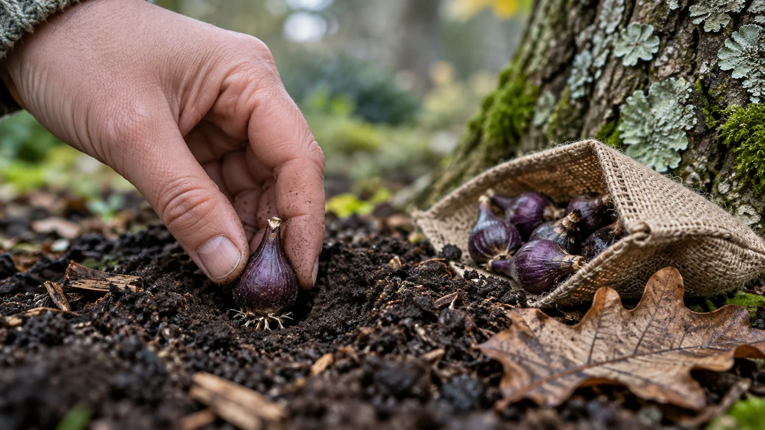 A hand plants a small purple bulb in dark soil beside a burlap pouch of bulbs near a mossy tree trunk.