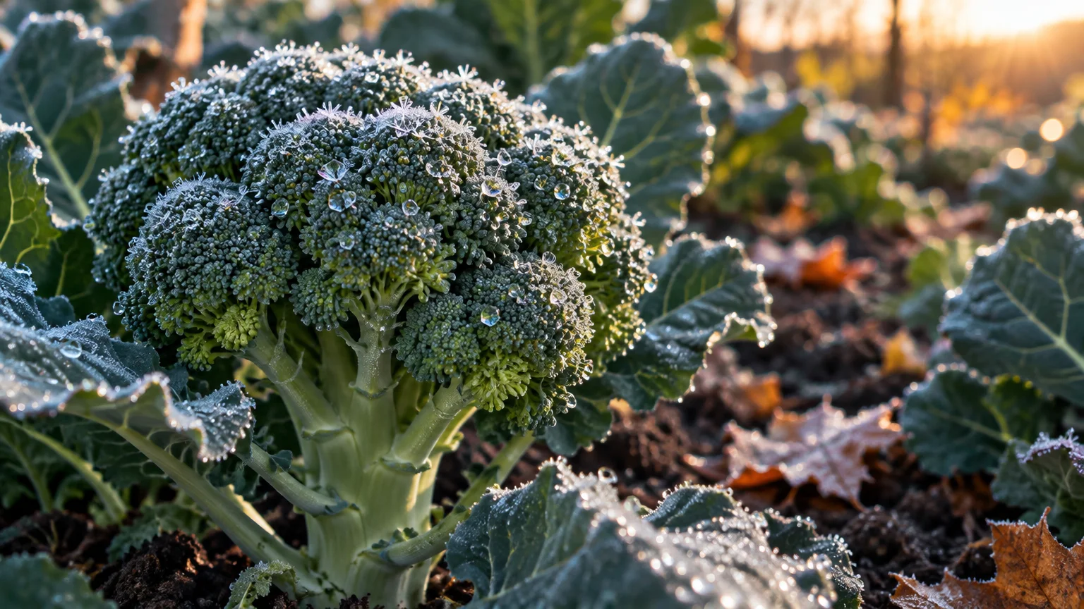Frost crystals and dew drops covering a fresh head of broccoli growing in a garden bed at sunrise.