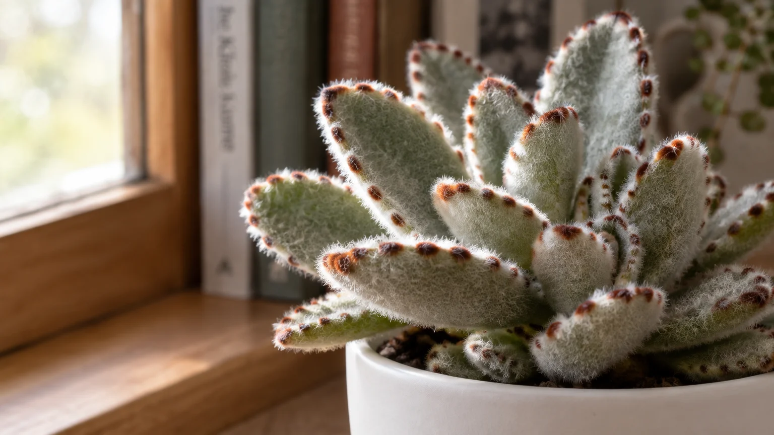 Fuzzy panda plant succulent with brown-spotted margins growing in a white ceramic pot by a sunlit windowsill.