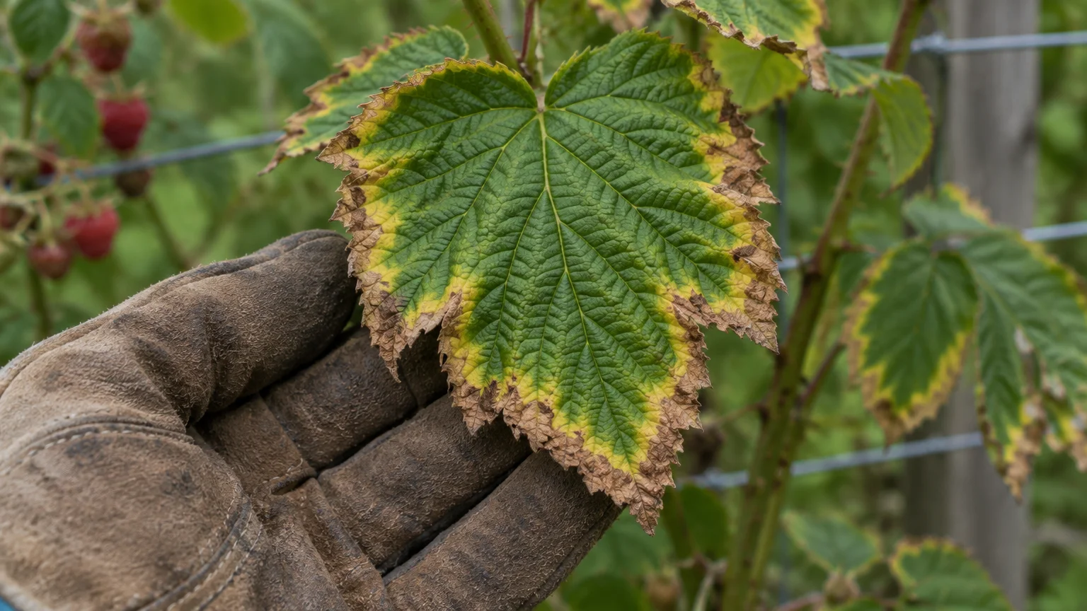 A gloved hand holds a green plant leaf showing yellowing and brown, dried margins on a raspberry bush.