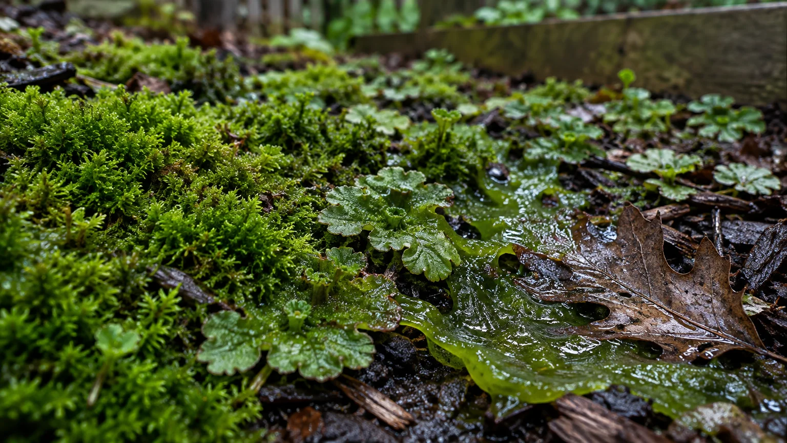 Close-up of green moss, slimy algae, and liverworts growing over wet soil, wood mulch, and a fallen oak leaf.