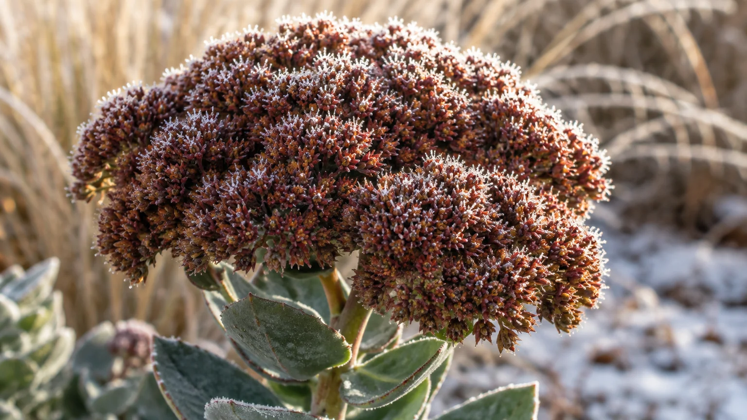 Frost-covered rusty mahogany stonecrop flower head with green succulent leaves in a snowy garden.