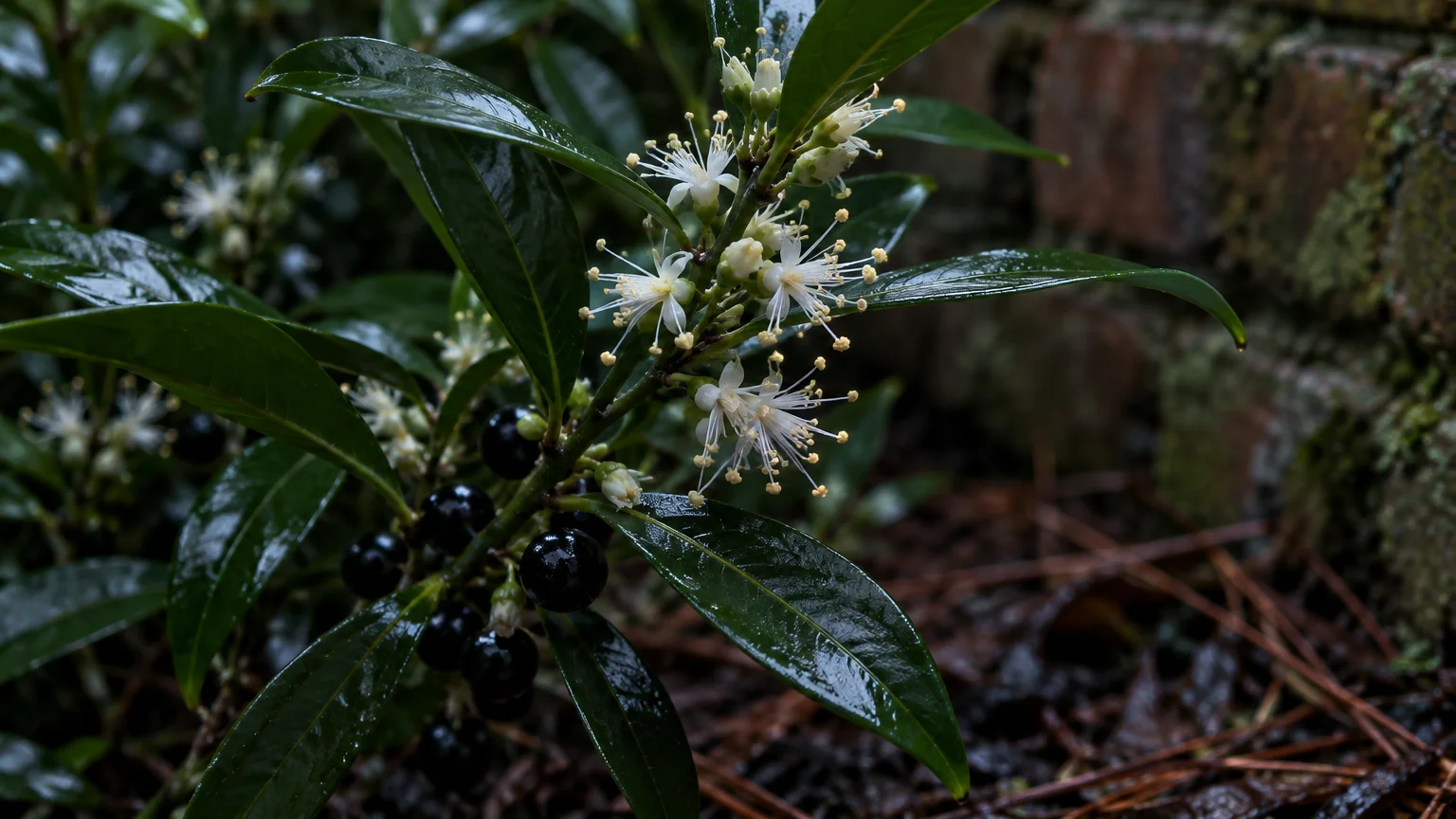 Glossy green leaves of a sweet box shrub bearing tiny white tassel flowers and shiny black berries near a brick wall.