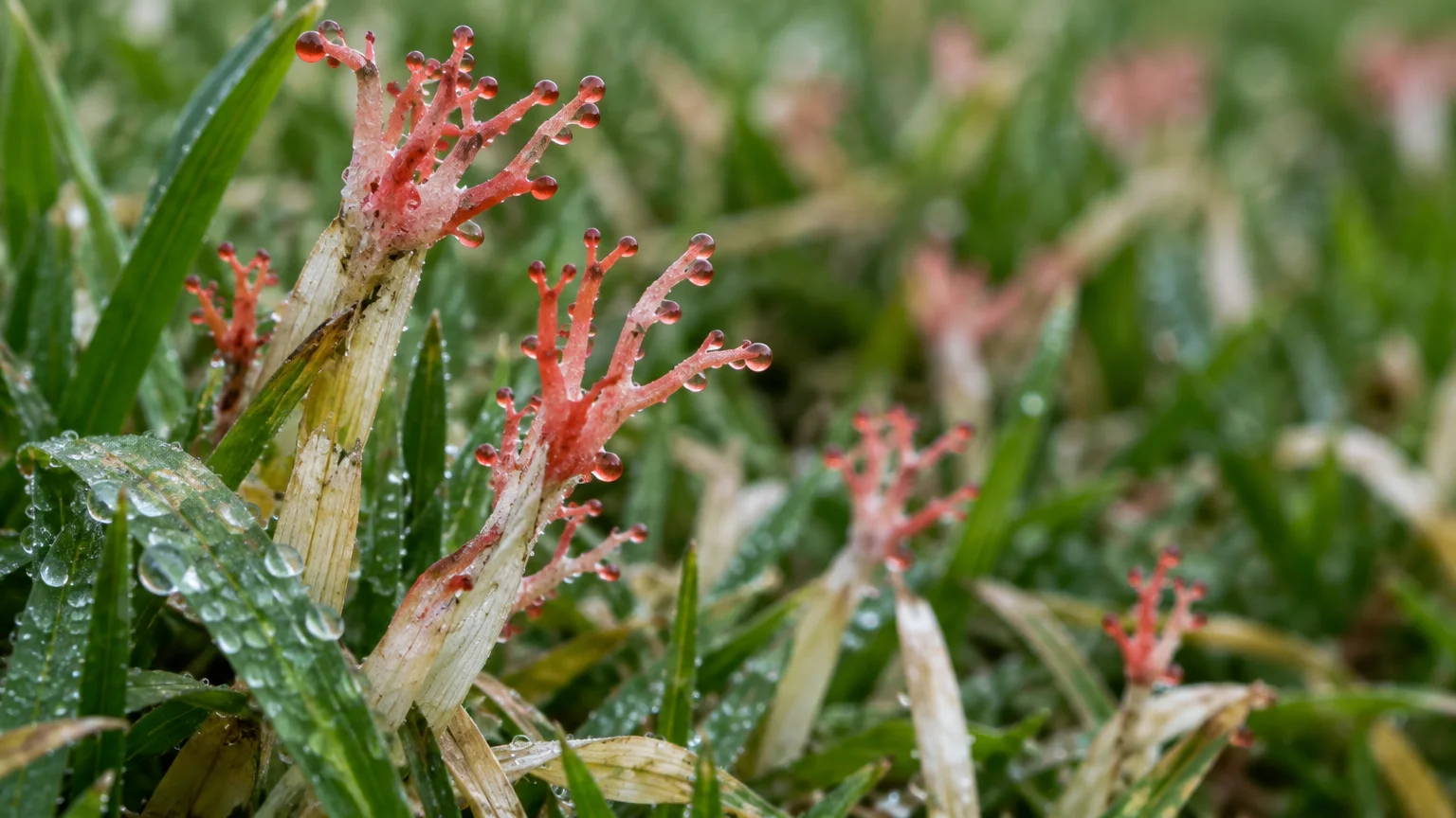 Close-up of pink, antler-like fungal growths topped with water droplets emerging from grass tips in a lawn.