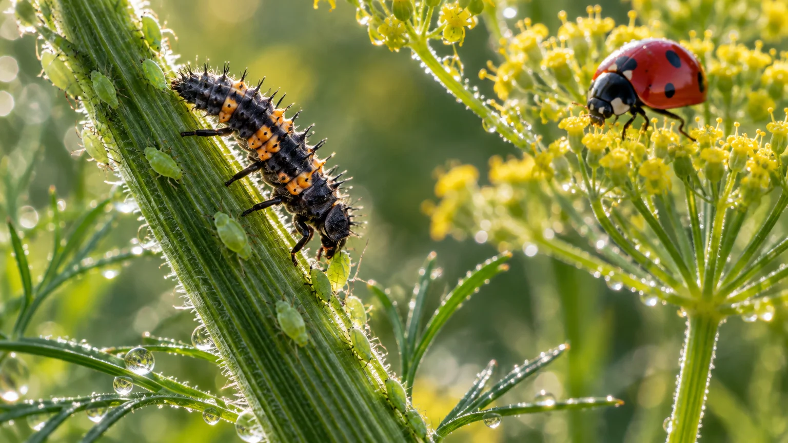 A spiny black ladybug larva on a stem surrounded by aphids, near an adult ladybug on yellow flowers.
