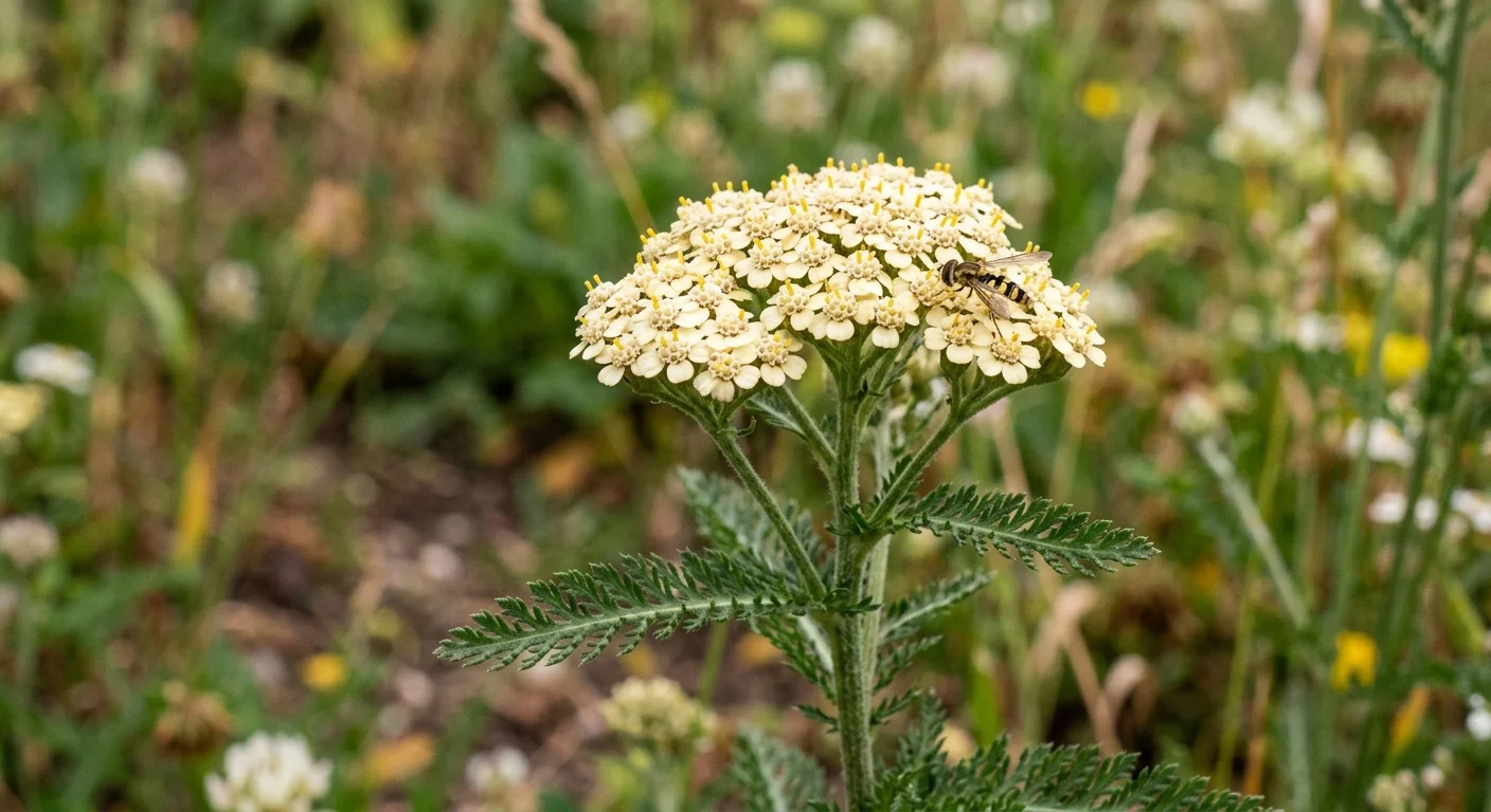 Close-up of a pale yarrow flower head with feathery leaves and a hoverfly resting on the tiny blossoms.