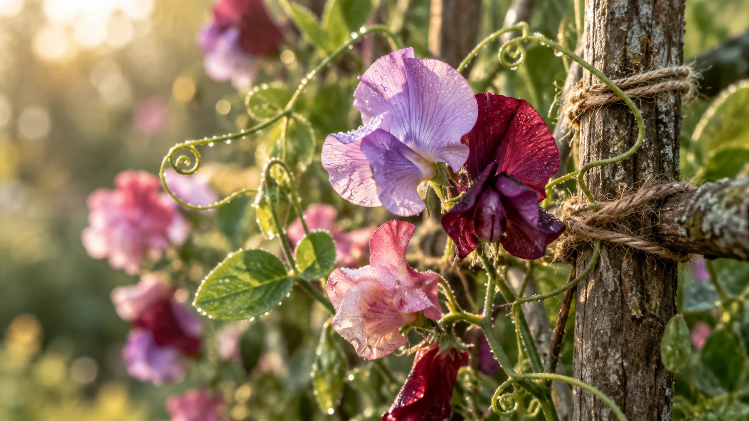 Purple and pink sweet pea blossoms with dew drops climb a rustic wooden trellis tied with twine.