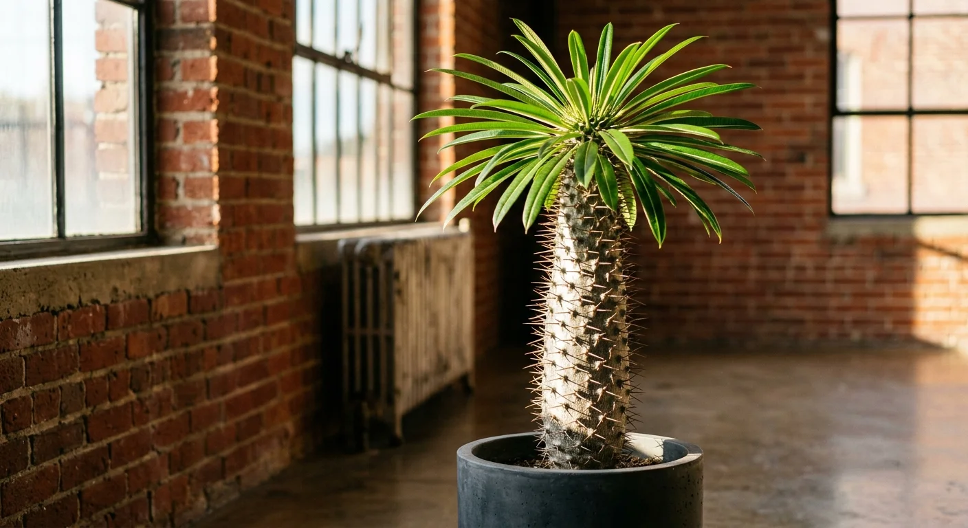 Madagascar palm with a spiky trunk and green crown growing in a black cylindrical planter in a brick loft room.