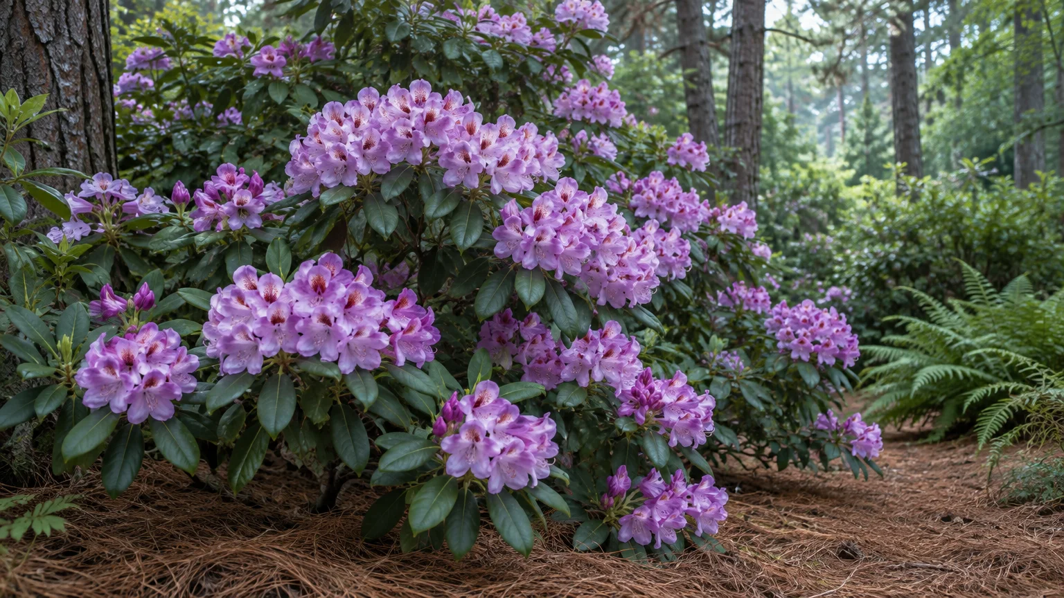 Blooming purple rhododendron shrubs surrounded by fallen pine needles, tall trees, and ferns in a wooded garden.