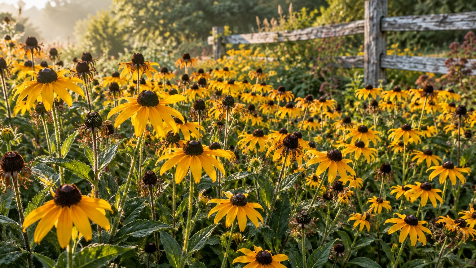 A field of blooming yellow black-eyed Susan flowers with dark centers growing beside a rustic wooden fence.