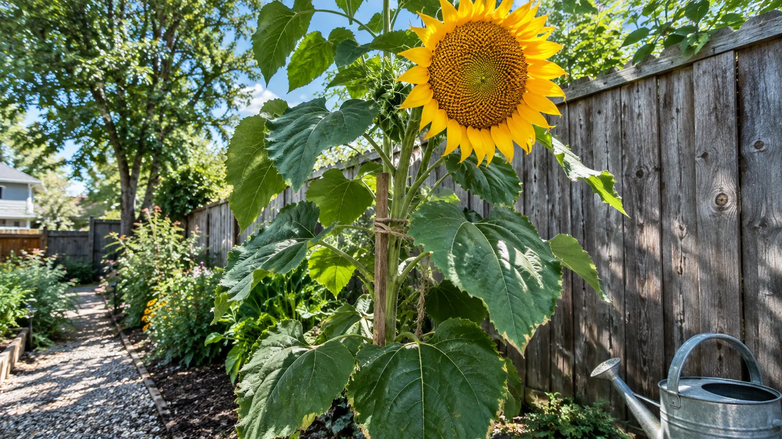 A tall blooming sunflower staked against a wooden fence along a garden path beside a metal watering can.