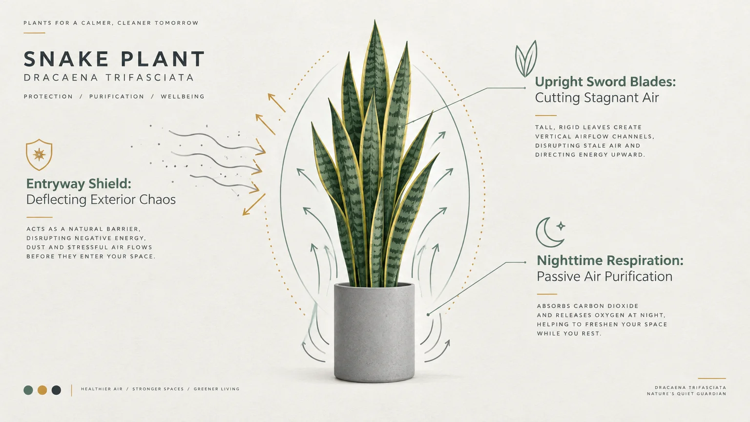 Diagram of a potted snake plant surrounded by energy flow lines and text annotations describing its protective benefits.