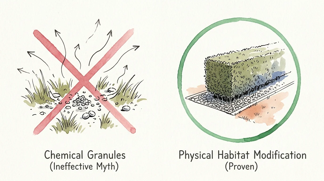 Watercolor illustration comparing crossed-out chemical granules with physical habitat modification around a hedge.