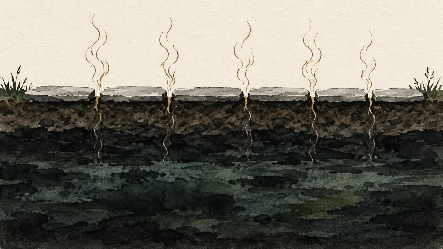 Cross-section illustration of stone pavers over dark, waterlogged soil with wavy odor vapors rising between the cracks.