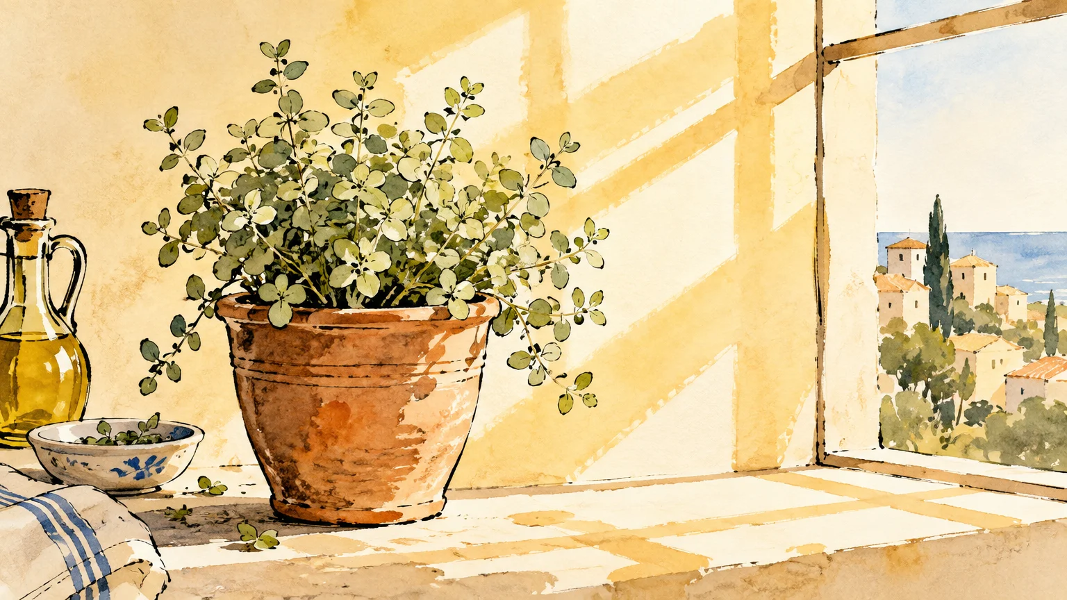 Watercolor illustration of a potted herb plant in a terracotta pot on a sunny windowsill overlooking coastal buildings.