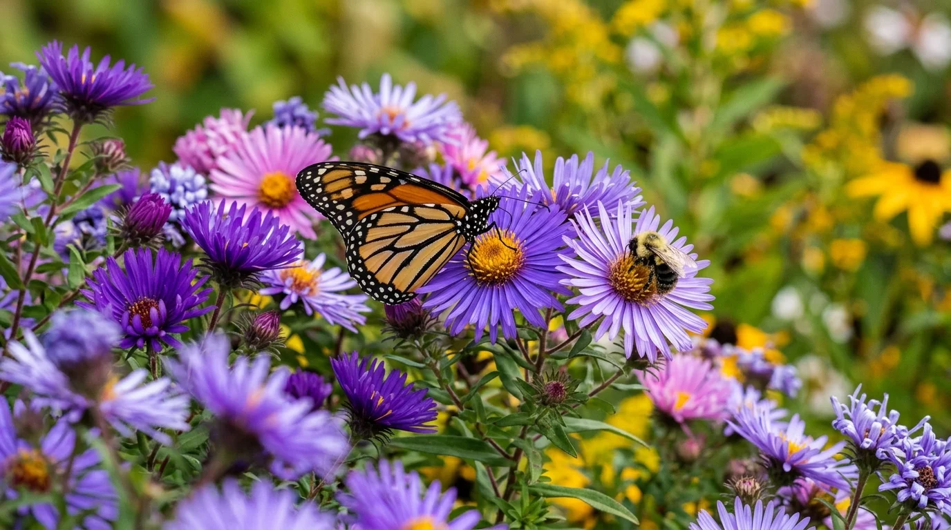 Monarch butterfly and bumblebee pollinating purple and pink aster flowers in a garden.