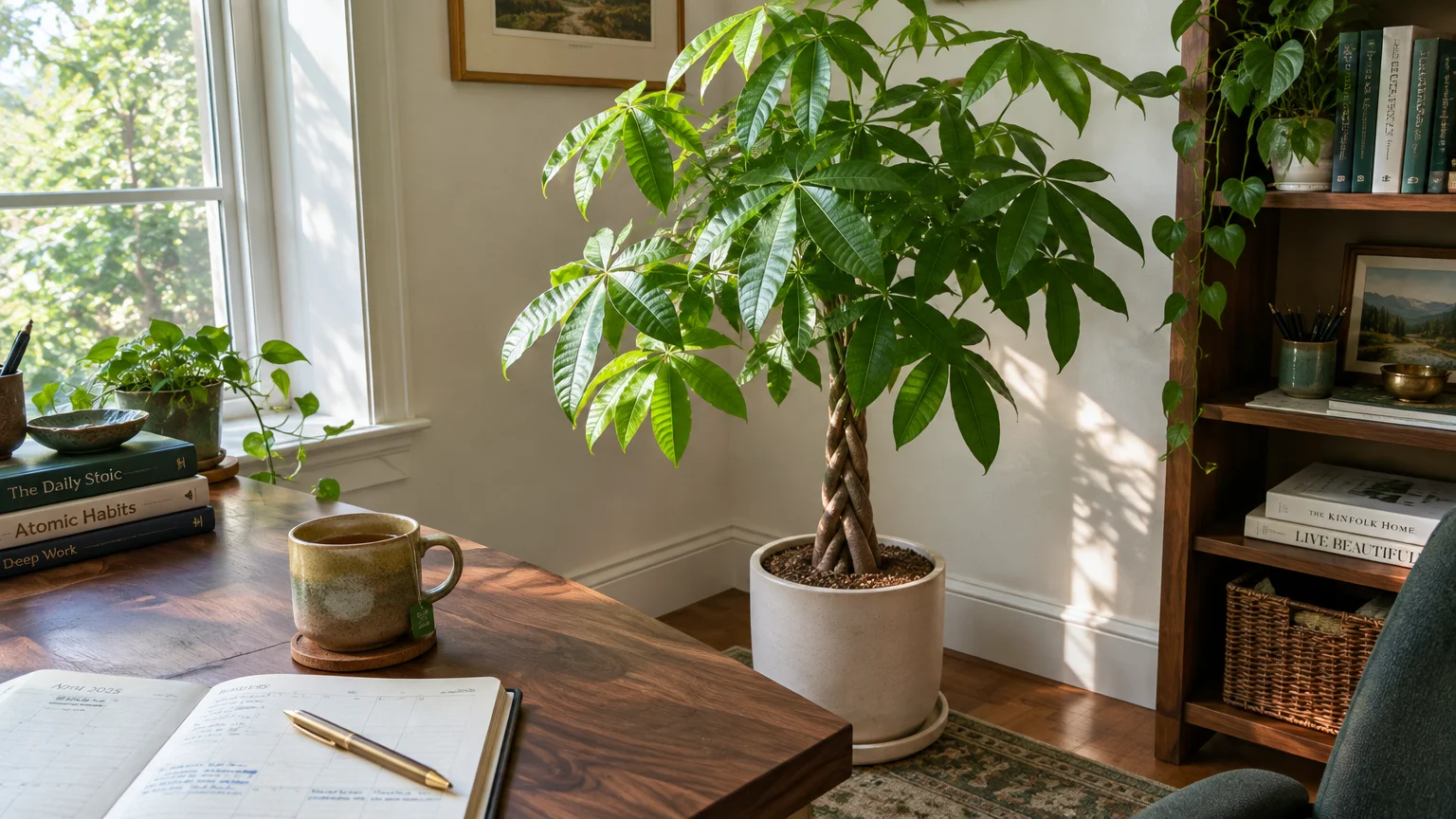 Braided money tree in a white ceramic pot standing in a sunlit home office beside a wooden desk and bookshelf.