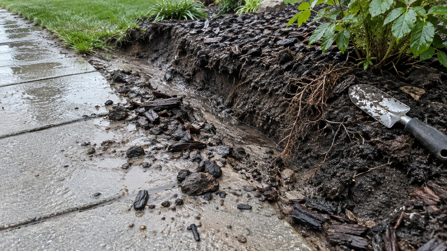 Eroded soil, mulch, and exposed roots washing onto a wet concrete garden walkway beside a garden trowel.