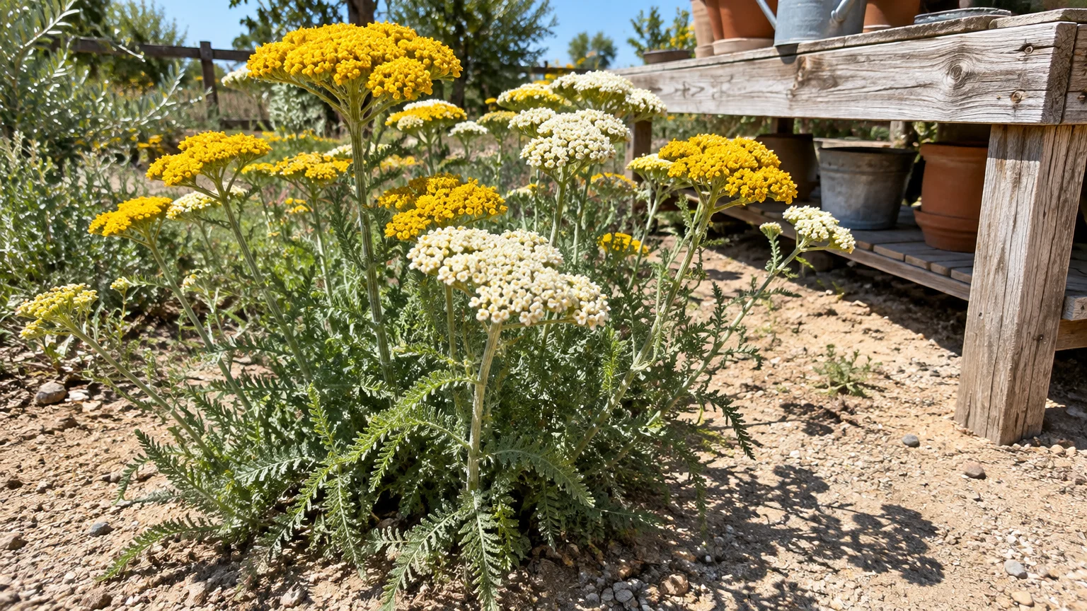 Yellow and white yarrow flowers bloom with fern-like foliage in dry dirt beside a rustic wooden potting bench.