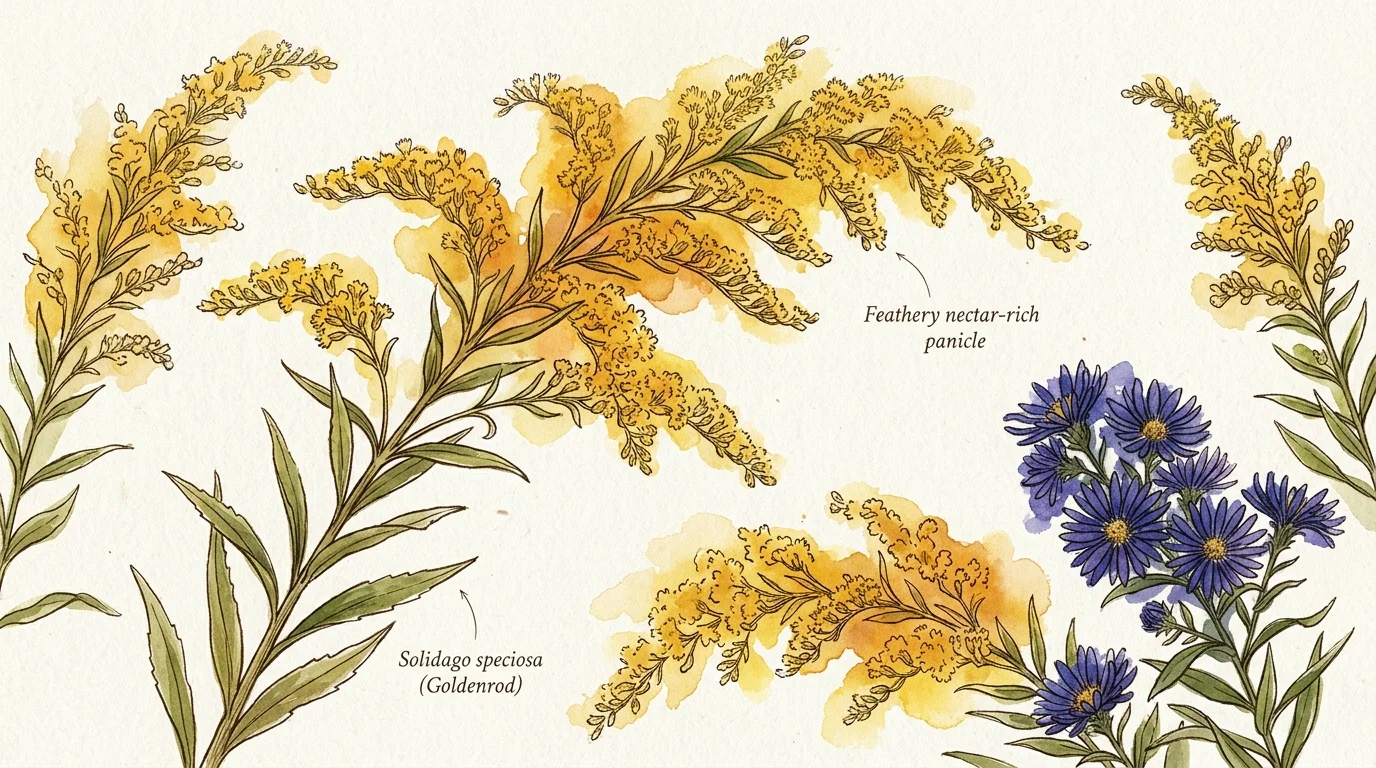 Botanical watercolor illustration of yellow goldenrod plumes alongside purple aster flowers with labels.