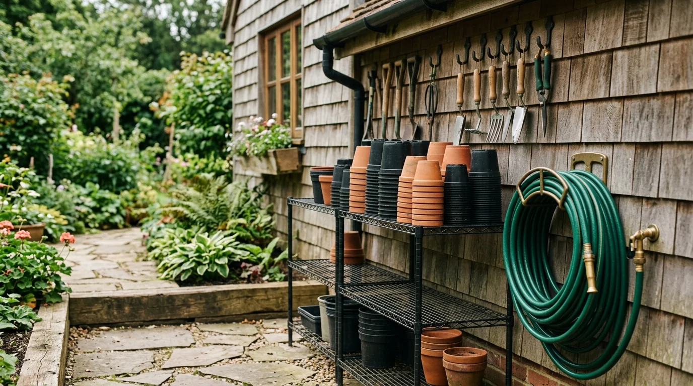 Stacked plant pots on a metal wire rack beside a coiled green hose mounted to a wooden garden shed.