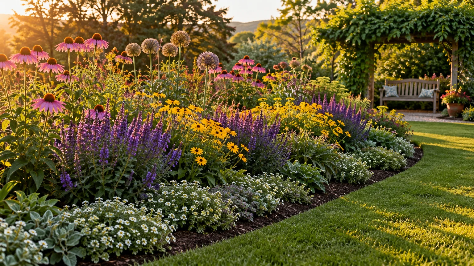 Tiered garden bed with coneflowers, salvia, and alliums beside a lawn, leading to a wooden pergola and bench.