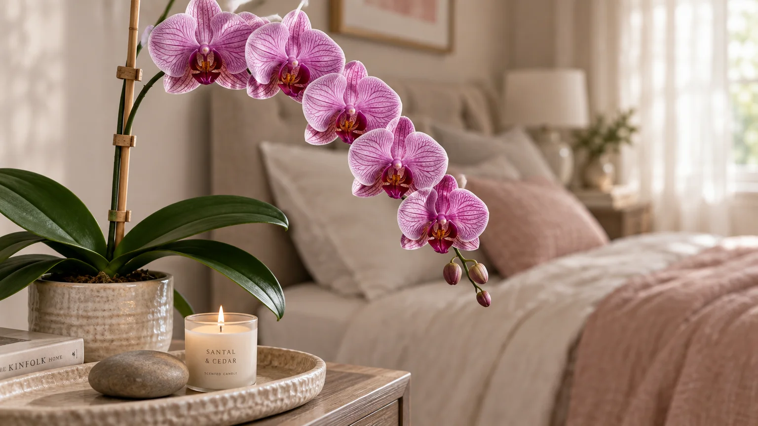 Potted pink phalaenopsis orchid and a lit candle on a bedside table with a cozy bed blurred in the background.