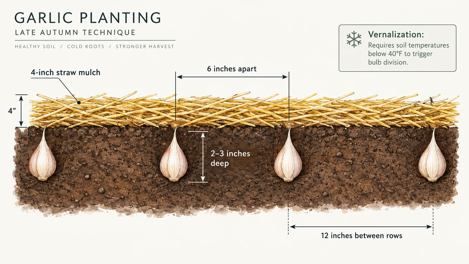 Diagram showing garlic cloves planted 2 to 3 inches deep and 6 inches apart under 4 inches of straw mulch.