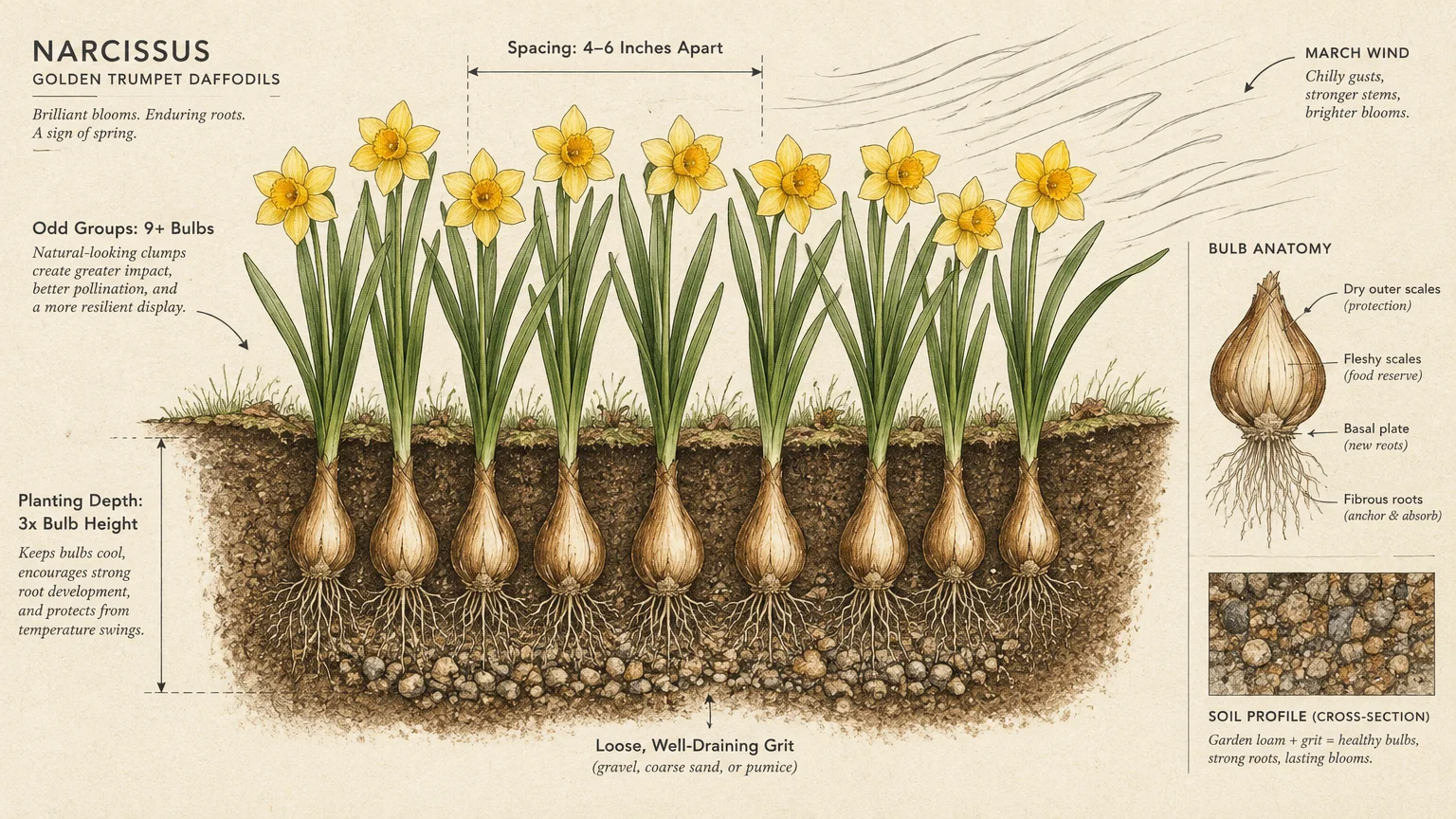 Botanical diagram of daffodil bulbs underground with spacing and planting depth guides, bulb anatomy, and soil profile.