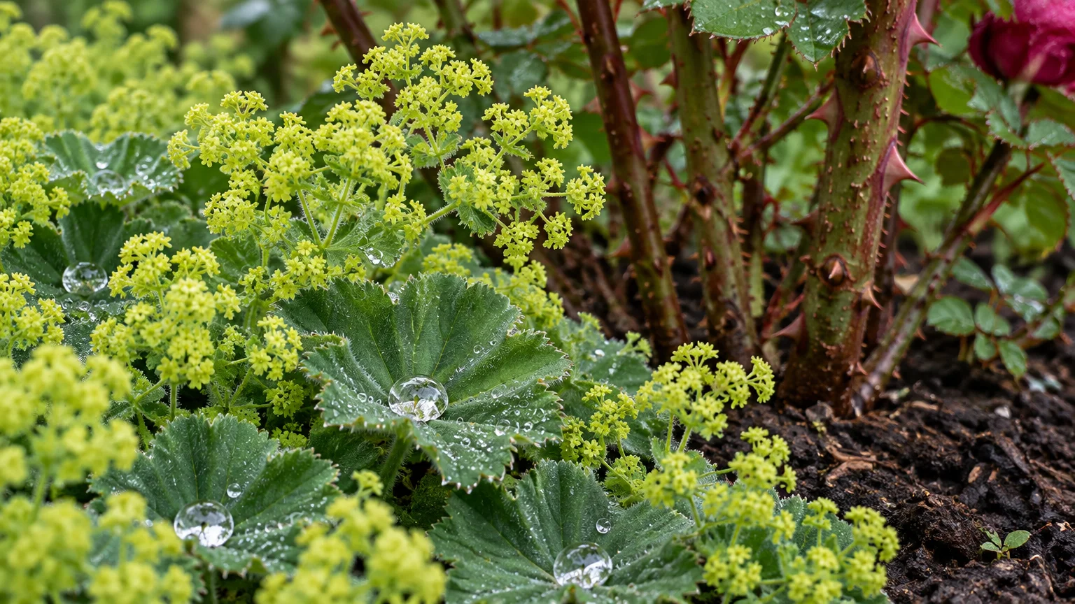 Blooming lady's mantle with lime-green flowers and water droplets on scalloped leaves beside thorny rose stems.