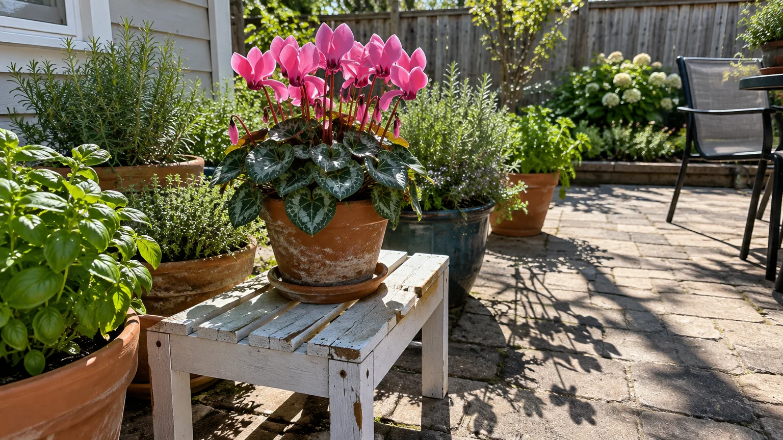 Potted cyclamen with bright pink flowers on a small white wooden bench on a stone patio surrounded by potted plants.