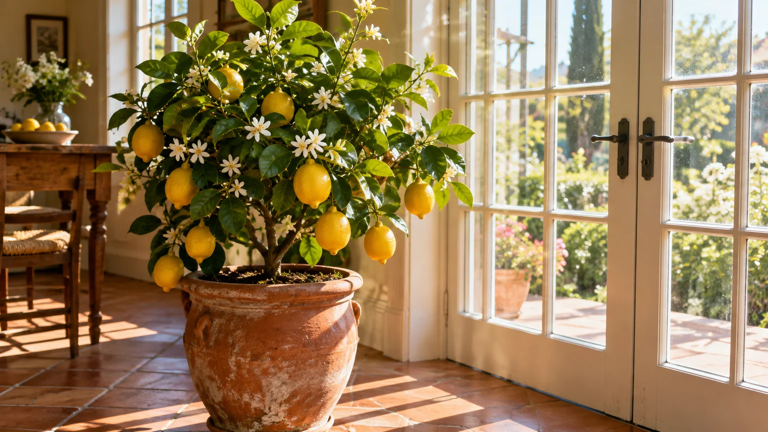 Potted dwarf lemon tree with bright yellow lemons and white blossoms bathed in sunlight by glass French doors.