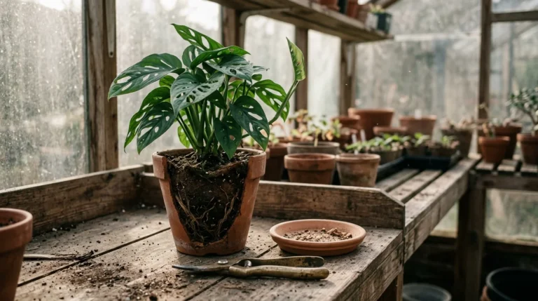 Potted plant with cutaway terracotta pot exposing soil and root system on a greenhouse wooden bench beside pruning shears.