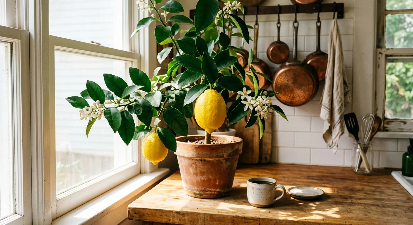 Potted lemon plant with ripe yellow lemons and white flowers sitting on a wooden kitchen counter by a sunny window.