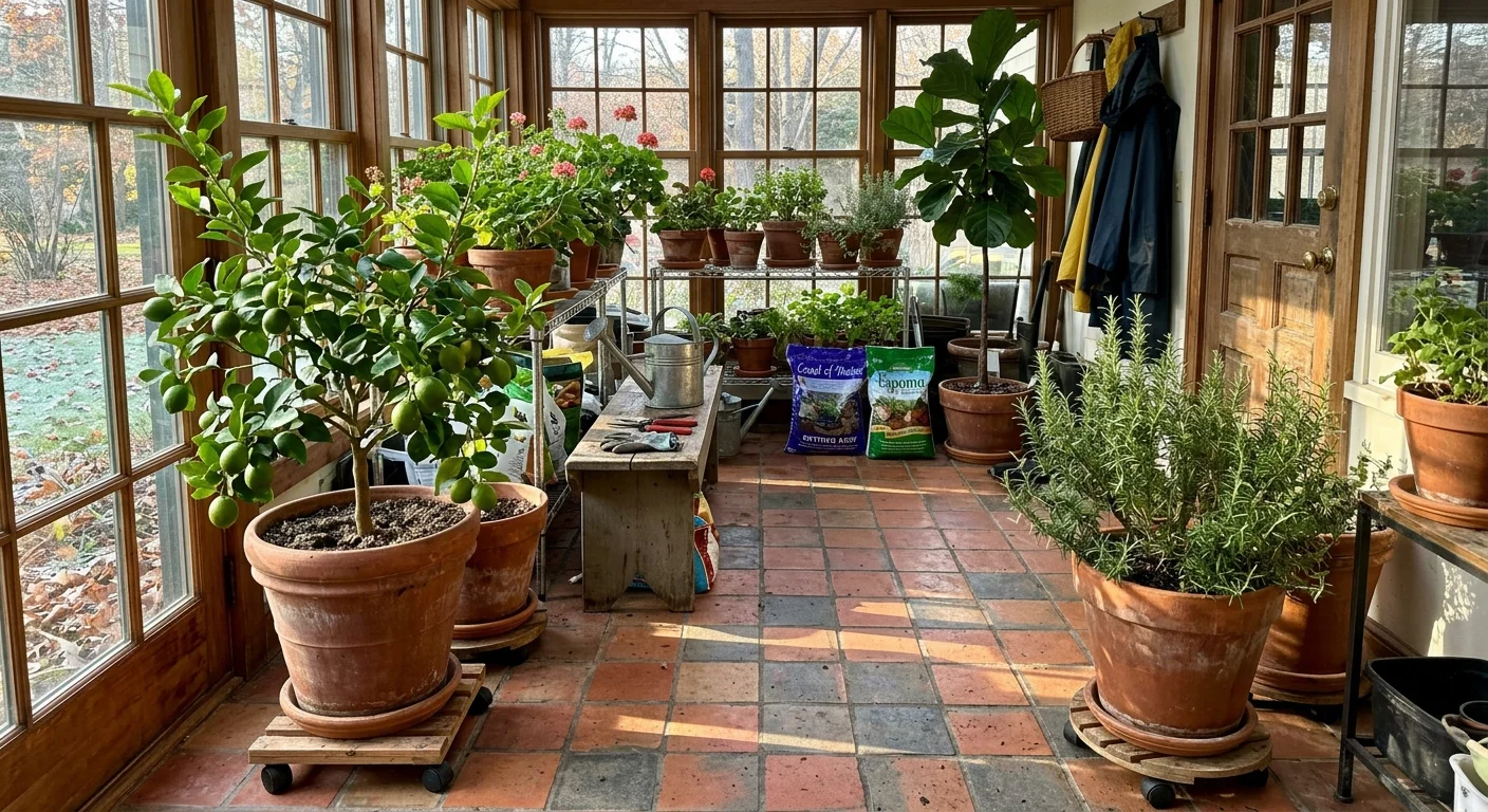 Sunroom with tiled floor filled with potted plants, including a lime tree, rosemary, and fiddle-leaf fig by the windows.