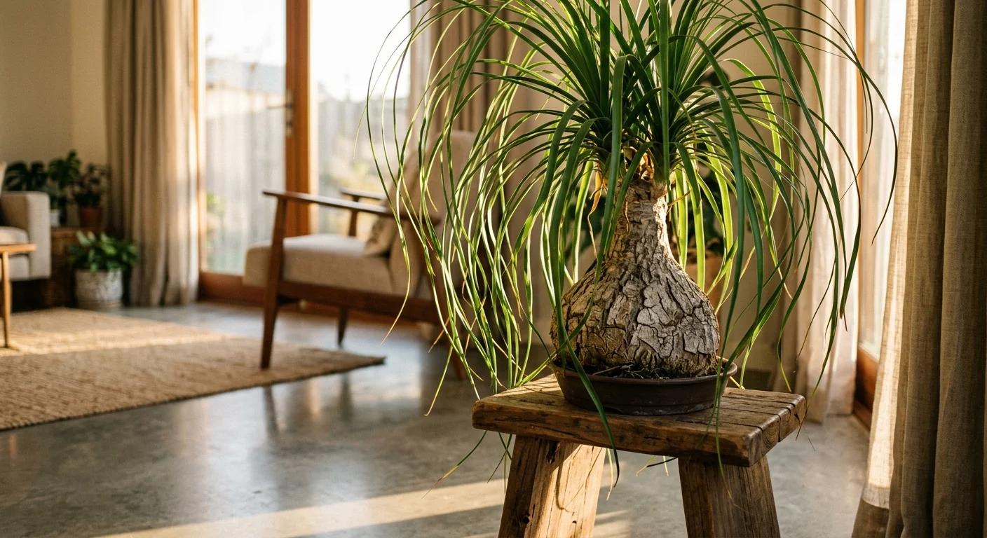 Potted ponytail palm with a thick bulbous trunk and cascading slender leaves resting on a rustic wooden stool in a sunny room.