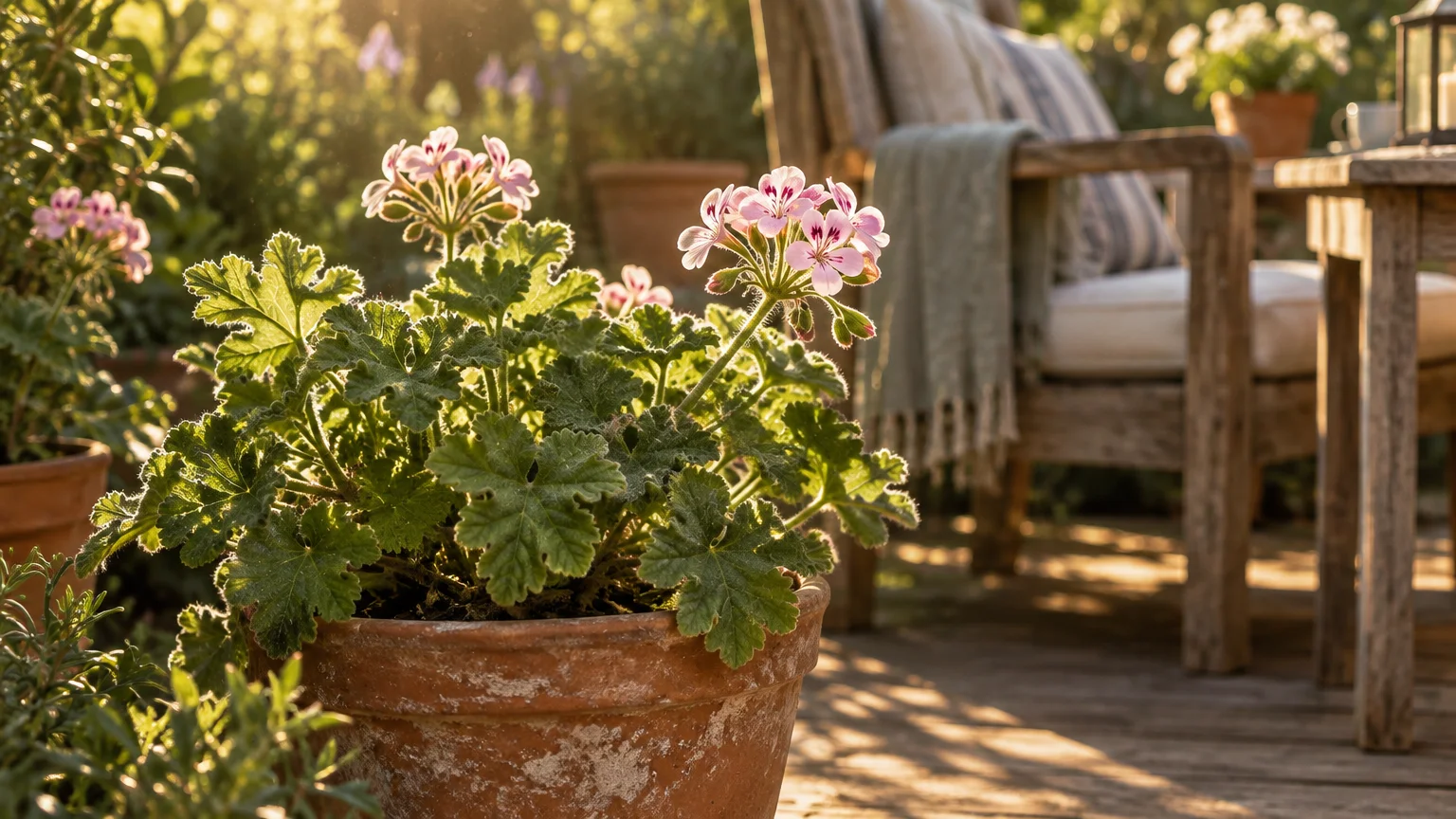 Potted scented geranium with pink flowers and ruffled leaves sits in sunlight on a wooden patio beside a chair.
