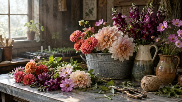 Freshly cut dahlias, zinnias, cosmos, and snapdragons arranged in galvanized buckets and ceramic pitchers on a workbench.
