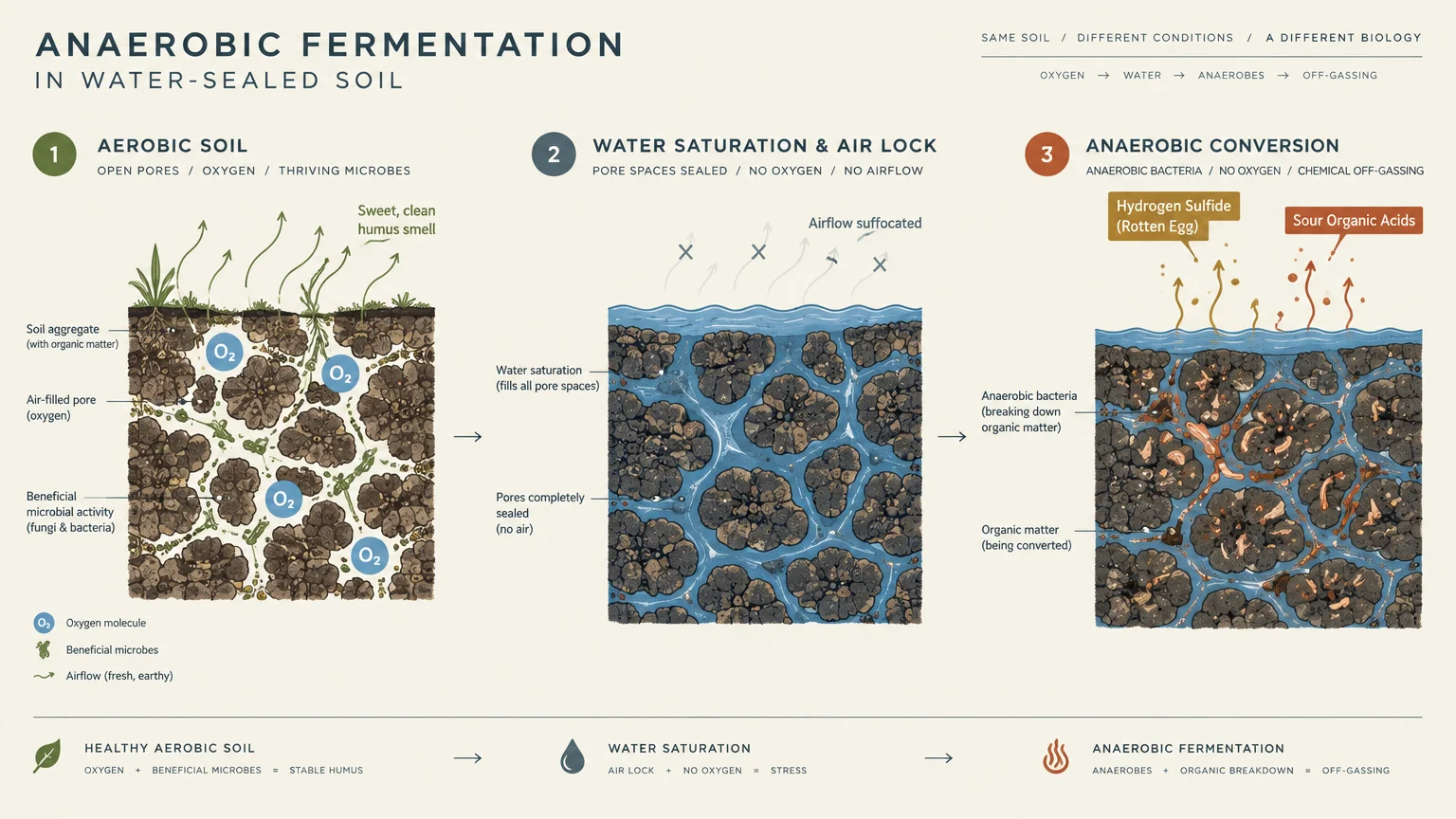 Diagram in three stages showing healthy aerobic soil becoming water-saturated and converting to anaerobic fermentation.