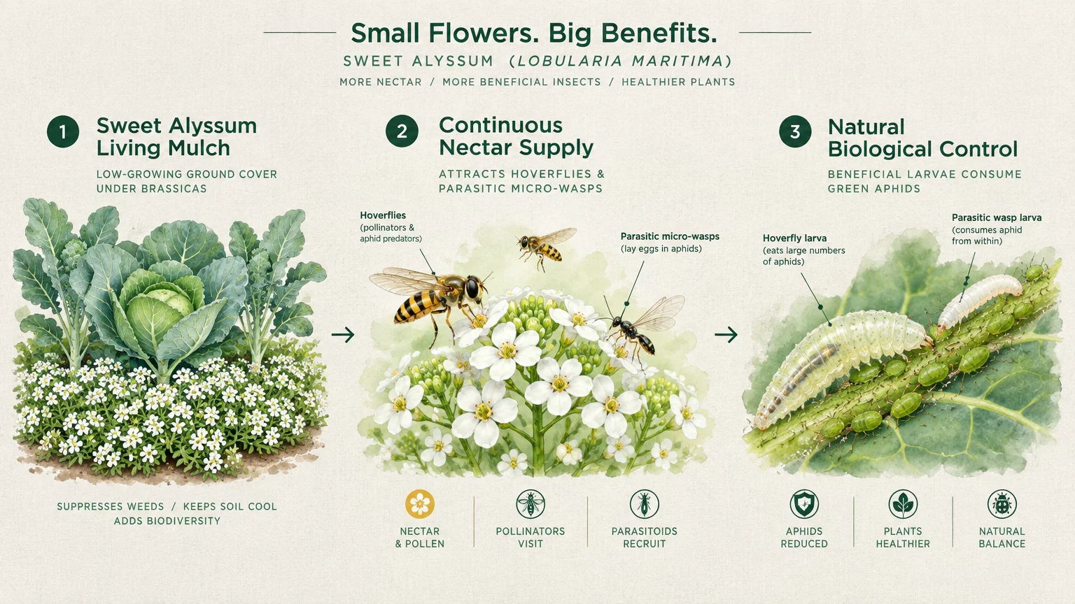 Three-step diagram showing sweet alyssum as living mulch, attracting hoverflies and wasps whose larvae consume aphids.