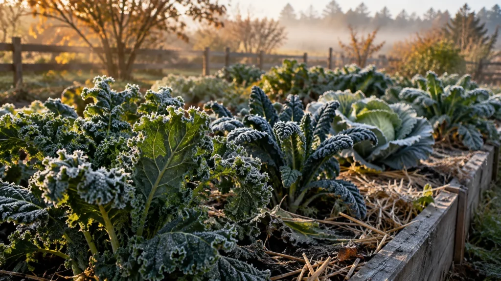Frost-covered kale and cabbage plants growing in wooden raised garden beds on a sunny autumn morning.