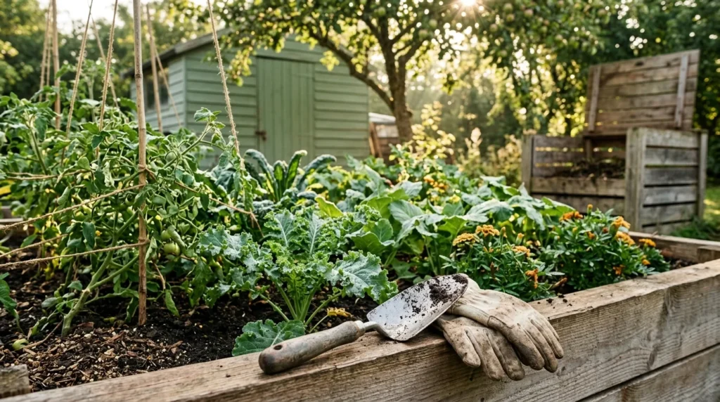 Garden trowel and gloves resting on a wooden raised garden bed filled with kale, tomatoes, and leafy vegetables.