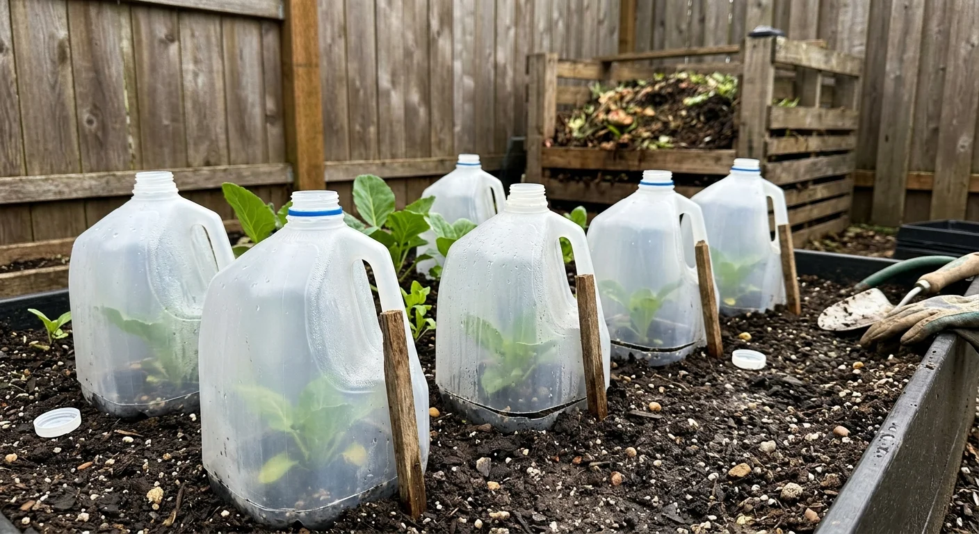 Recycled plastic milk jugs without caps covering young green seedlings in a raised garden bed.