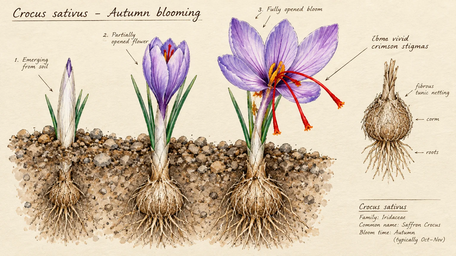 Botanical illustration of Crocus sativus showing growth stages from corm and bud to an open purple flower with red stigmas.